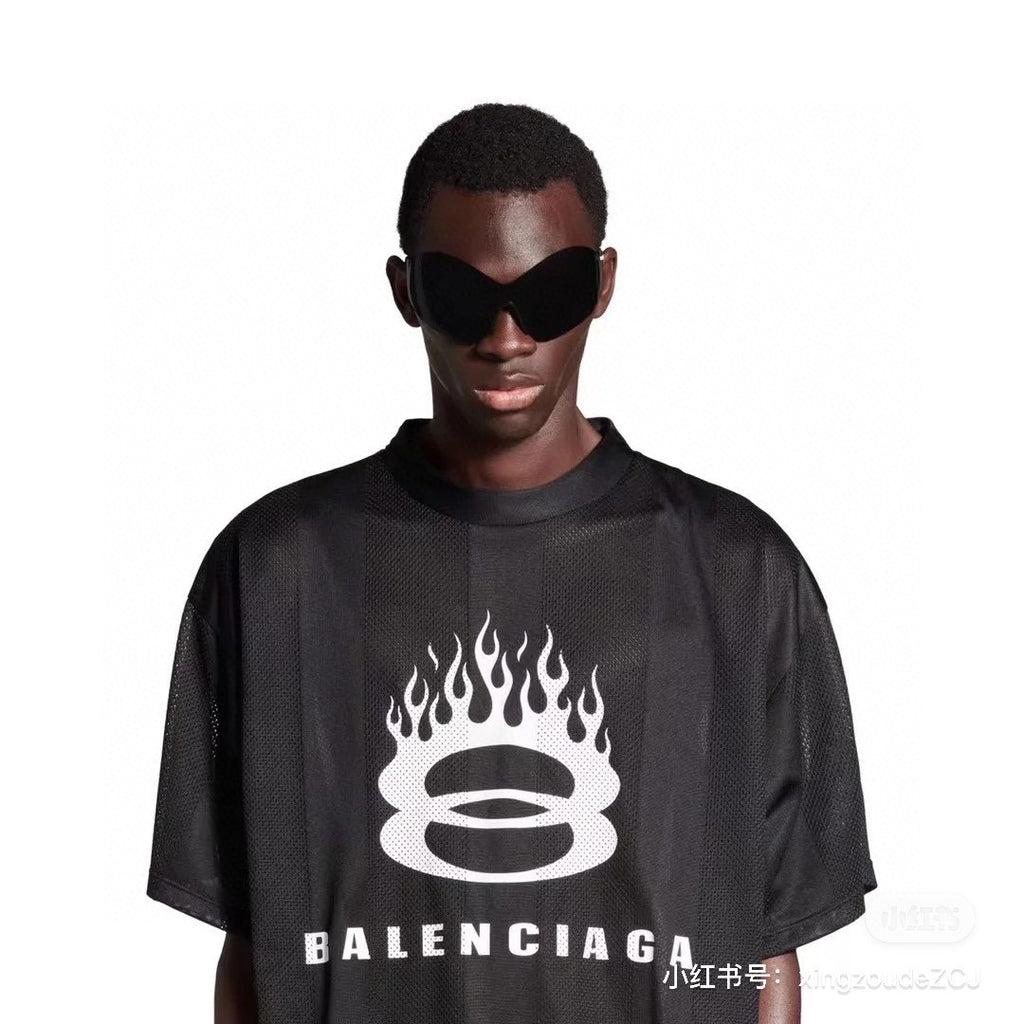 Balenciaga Men's Summer Black Letter Printed Loose Half High Neck Polyester Short Sleeve T-Shirt #73832