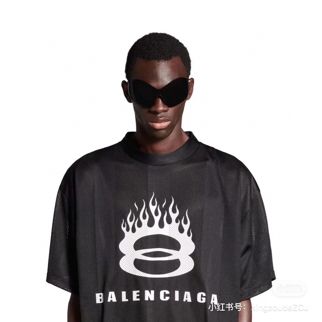 Balenciaga Men's Summer Black Letter Printed Loose Half High Neck Polyester Short Sleeve T-Shirt #73832