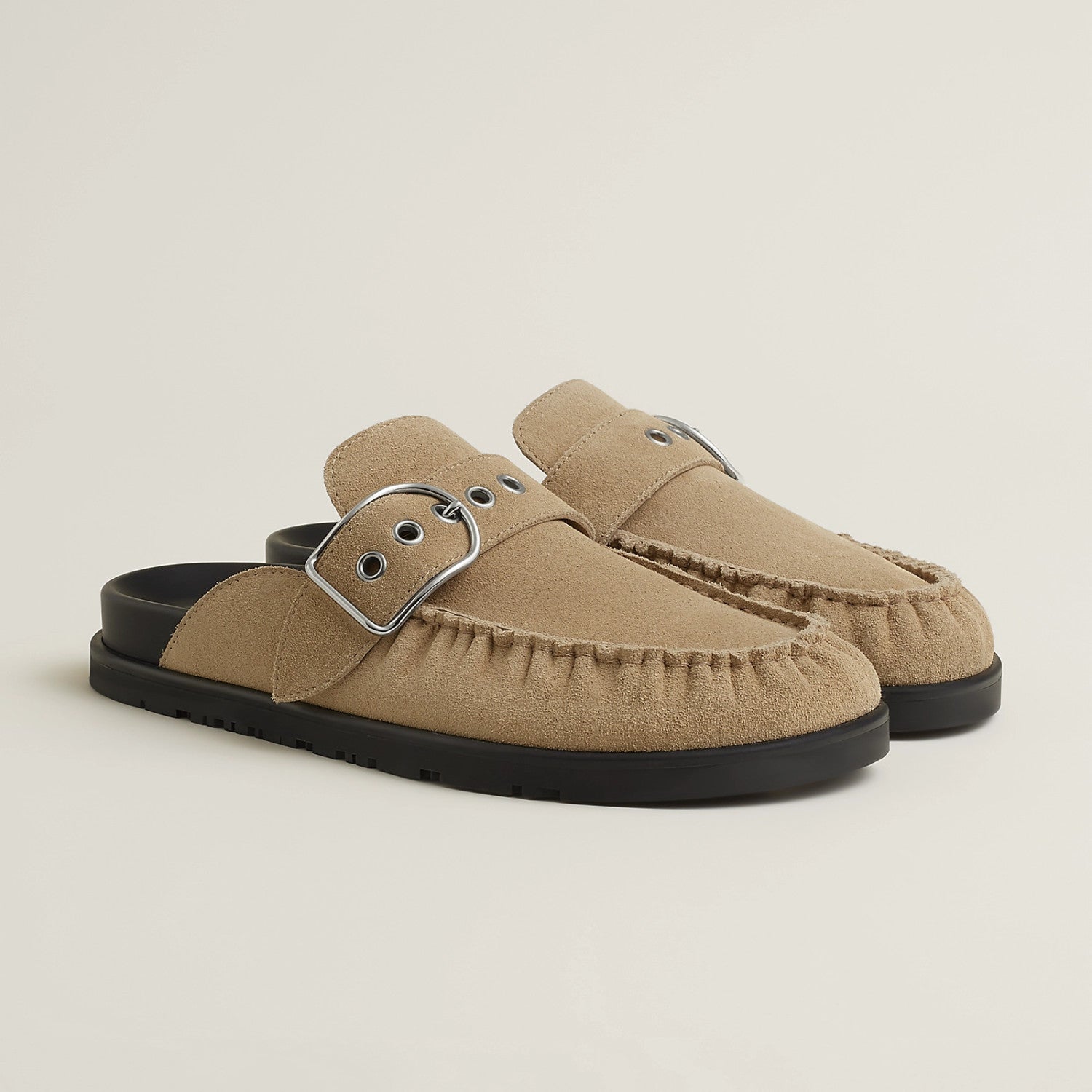 Hermes Women's Key Mule Shoes Suede Rubber Sole Silver Buckle Round Toe Slippers Summer Solid Color Casual Shoes Ngvp #2129