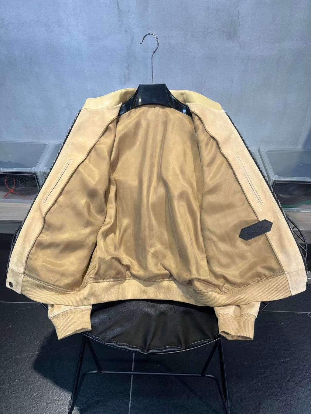 Tom Ford Men's Winter Khaki Stand Collar Zipper Long Sleeve Regular Fit Suede Pilot Jacket #98472
