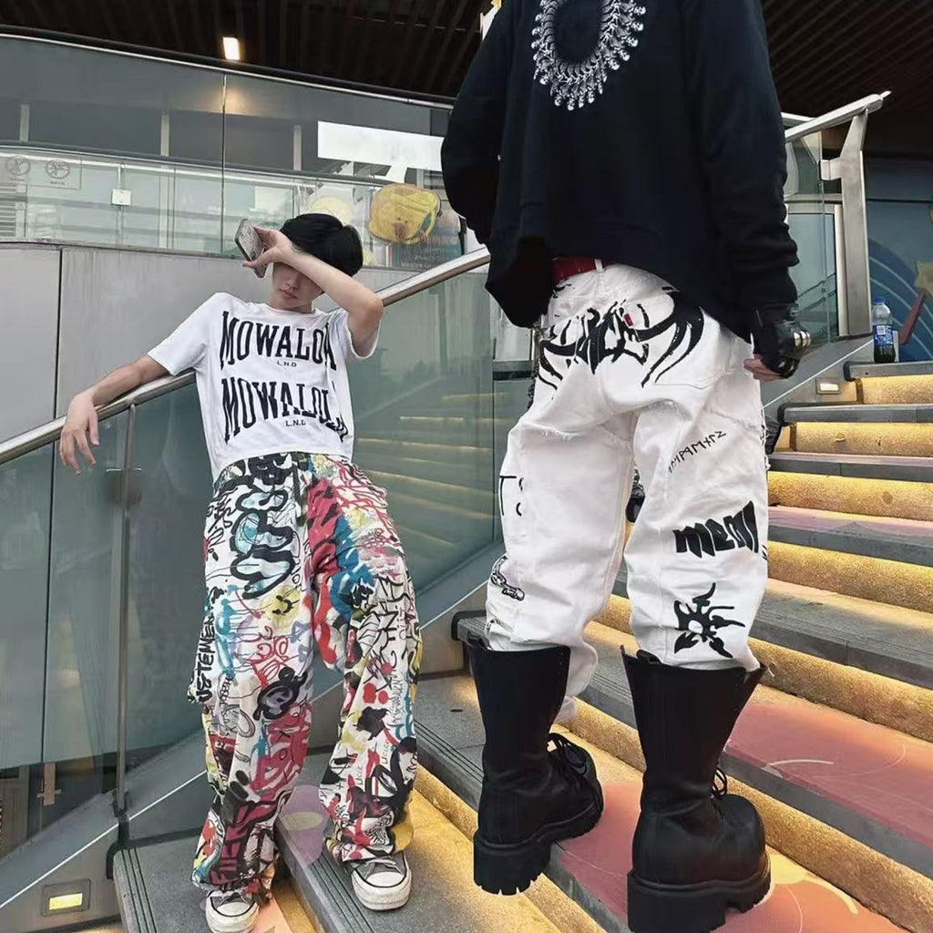 Vetements Men's High Street Vintage Show Co-branded Opium Deconstructed Splicing Tattoo Print White Denim Pants Fashion Trend Casual Pants Ngvp #2446