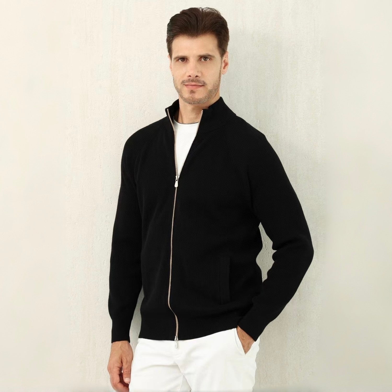 Brunello Cucinelli Men's Fall/Winter Fashion Casual Solid Color High Neck Double Zip Knit Cardigan #79221