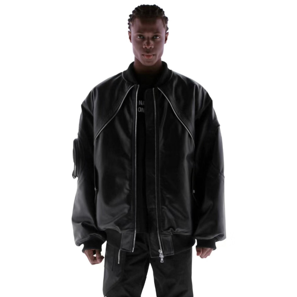 Far archive Autumn And Winter Black Men's Leather Jacket Zipper Fashion High Street Trend Zipper Pocket Jacket #81393