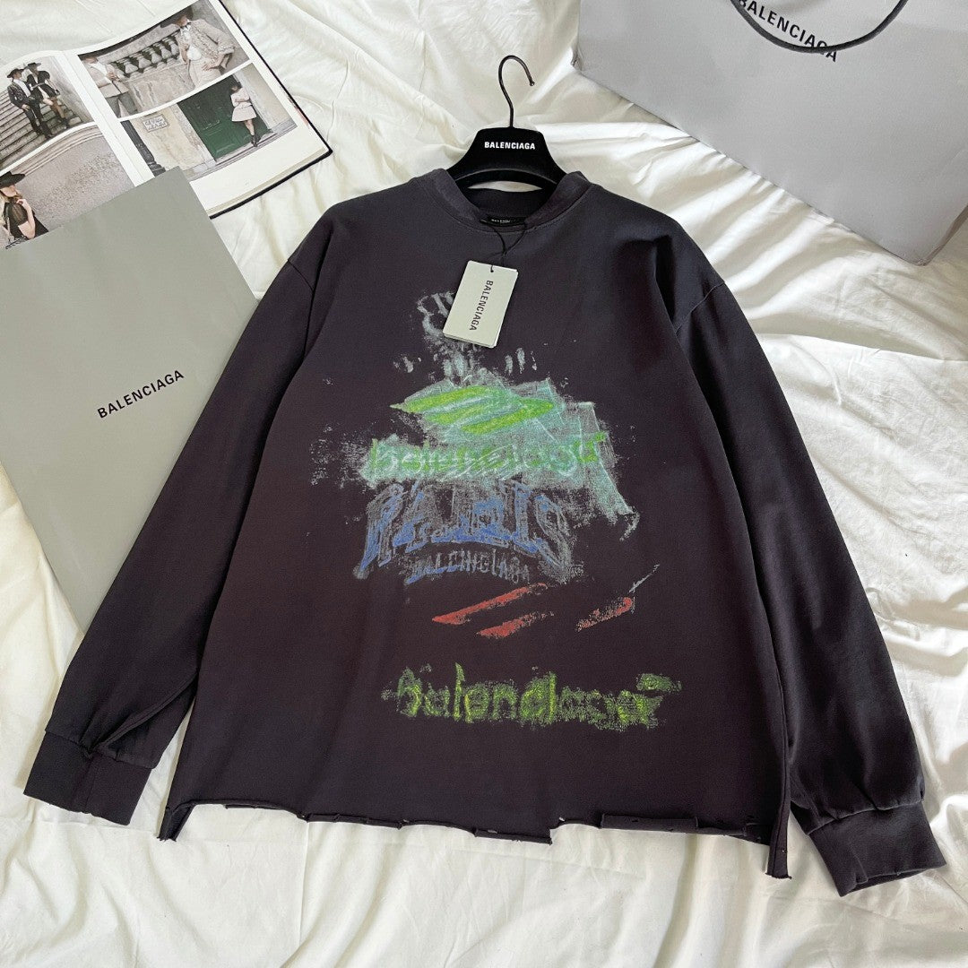 Balenciaga Women's And Men's Summer Solid Color Cotton Graffiti Printed Brushed Regular Fit Round Neck Long Sleeve T-Shirt #75931