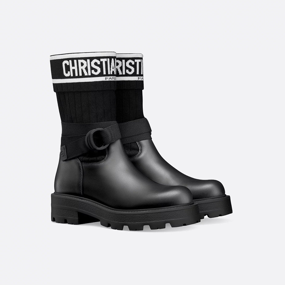 Dior Women's D-Major Ankle Boots Black Calf Leather With Black And White Technical Jersey #332813