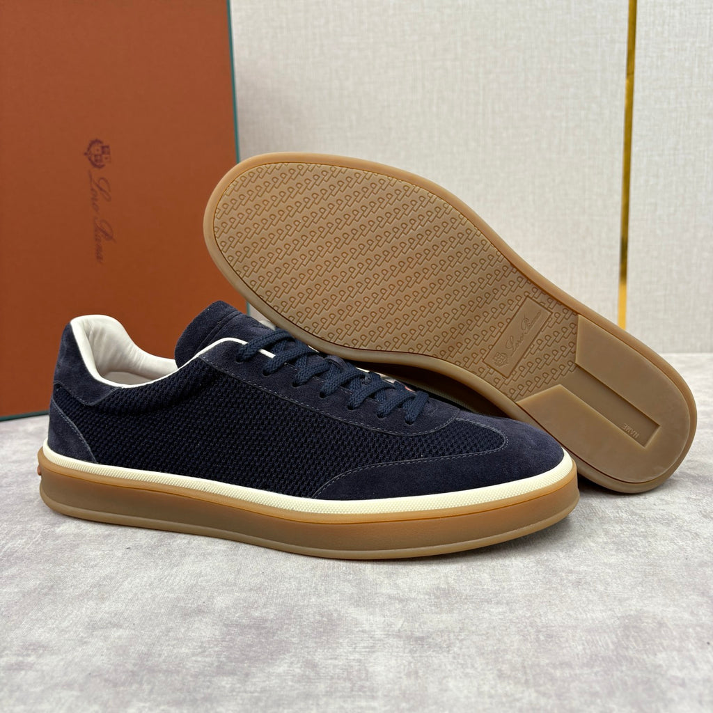 Loro Piana Men's Spring/Fall Fashion Casual Round Toe Lace Up Low Top Leather Patch Sneakers Breathable Mesh Patch Fabric Casual Shoes #79242