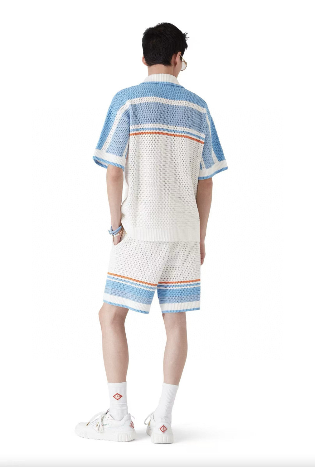 Casablanca Men's Summer Striped Printed Crochet Knit Single Breasted Short Sleeved Shirt And Casual Drawstring Shorts Set Suit #77391