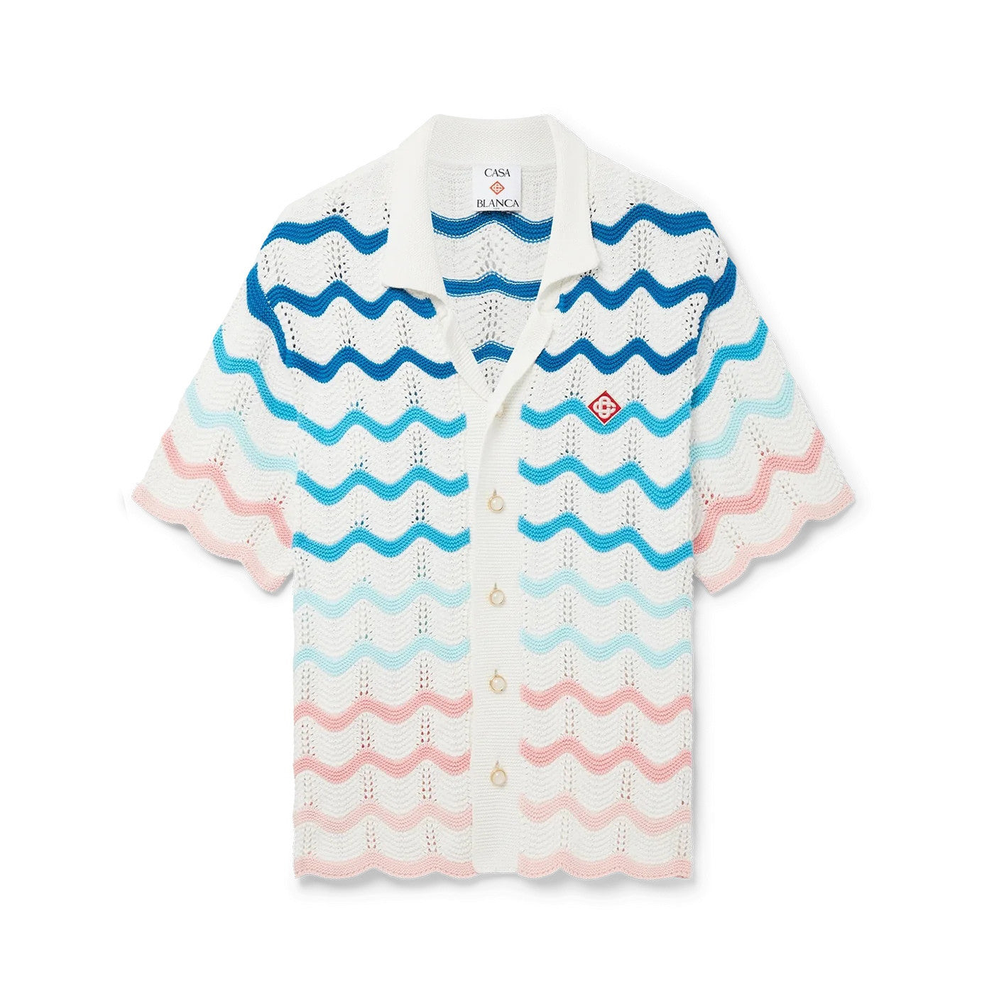 Casablanca Men's And Women's Summer Gradient Wave Print V-neck Single Breasted Knit Short Sleeved Shirt Casual Knit Shorts Suit Set #75833