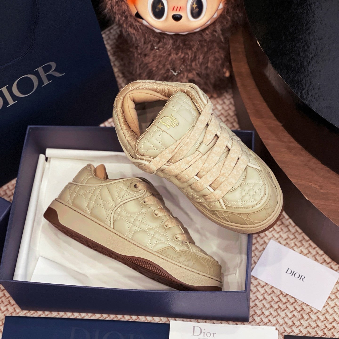 Dior B9S Men's Mesh Fabric Round Toe Thick Sole Lace Up Low Top Leather Casual Board Shoes #76362