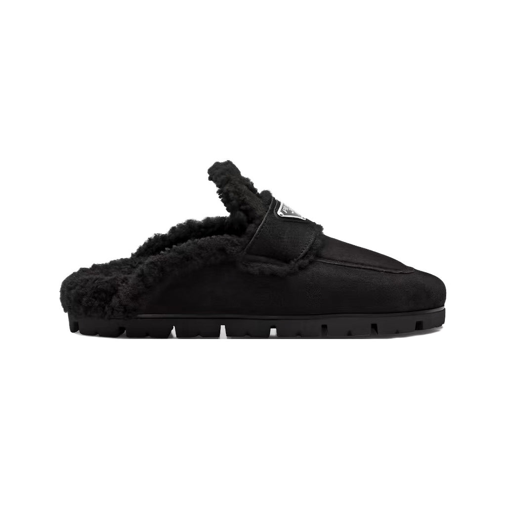 Prada Women's Fall/Winter Fashion Casual Round Toe Open Back Classic Logo Triangle Label Shearling Slippers Shoes #79521
