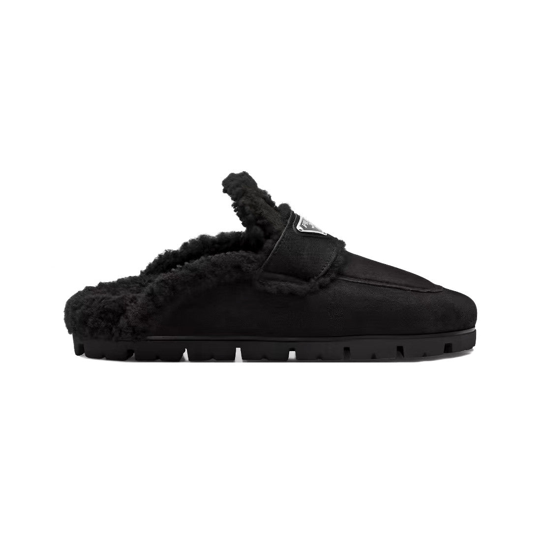 Prada Women's Fall/Winter Fashion Casual Round Toe Open Back Classic Logo Triangle Label Shearling Slippers Shoes #79521