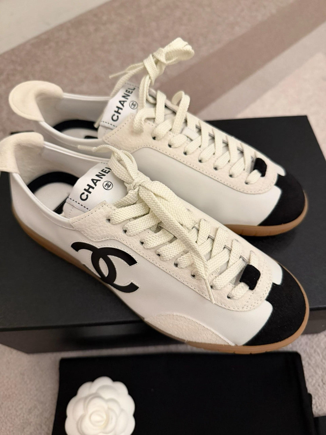 Chanel Sneakers Calfskin Embossed Suede Calfskin White Black #375474