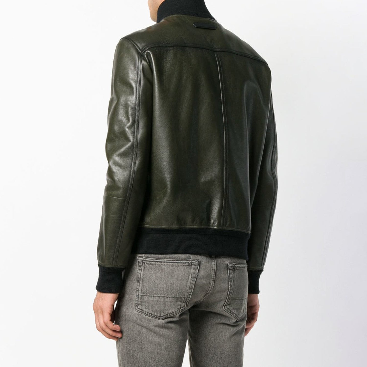 Tom Ford Men's Fall And Winter Green Standing Collar Cowhide Jacket Fashion Temperament Retro Zipper Casual Jacket Coat Ngvp #8949