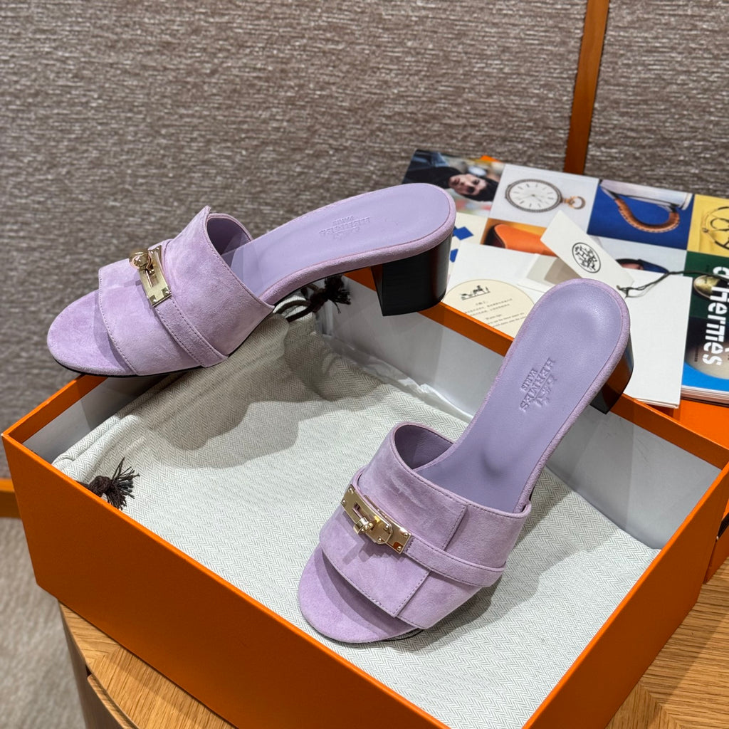 Hermes Gigi 50 Women's Summer Solid Color Metal Buckle Round Toe Suede Leather High Heel Sandals Shoes #77668