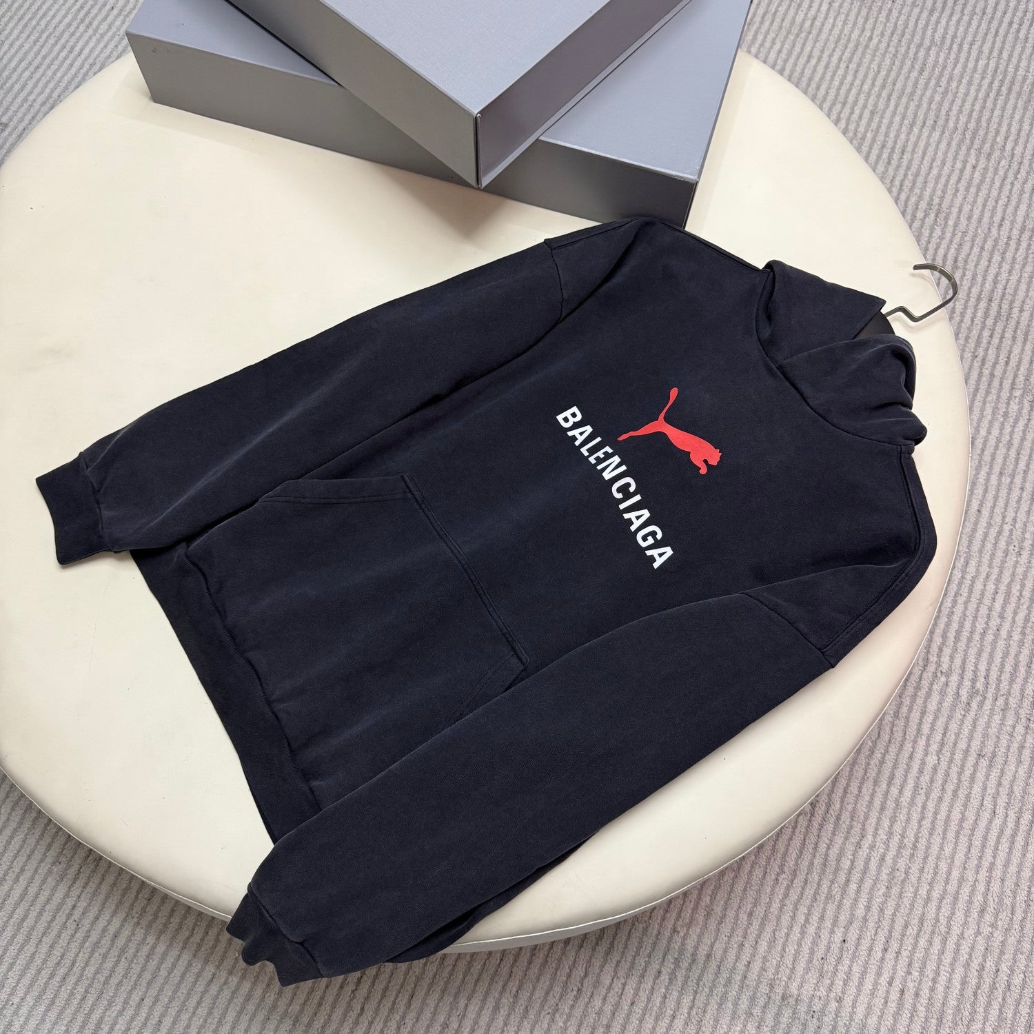 Balenciaga PUMA HOODIE Men's And Women's Spring/Fall Fashion Casual Faded Washed Hooded Pullover Long-Sleeve Sweatshirt Sweatpants Set with Elastic Waistband Faded Washed Shorts Suit Set #78813