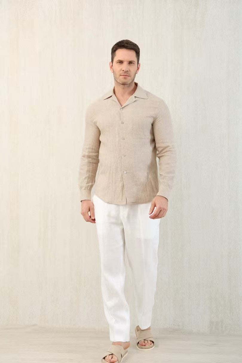 Brunello Cucinelli Men's Linen Easy Fit Shirt with Camp Collar and Chest Pocket Spring And Autumn Solid Color Long Sleeve Top Ngvp #1455