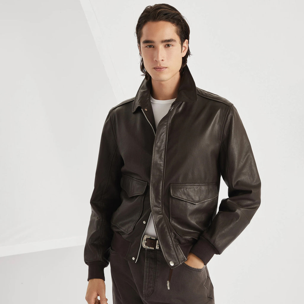 Brunello Cucinelli Men's Spring/Autumn Sheepskin Solid Color Zipper Collar Long Sleeve Grained Leather Aviator Jacket Ngvp #2286