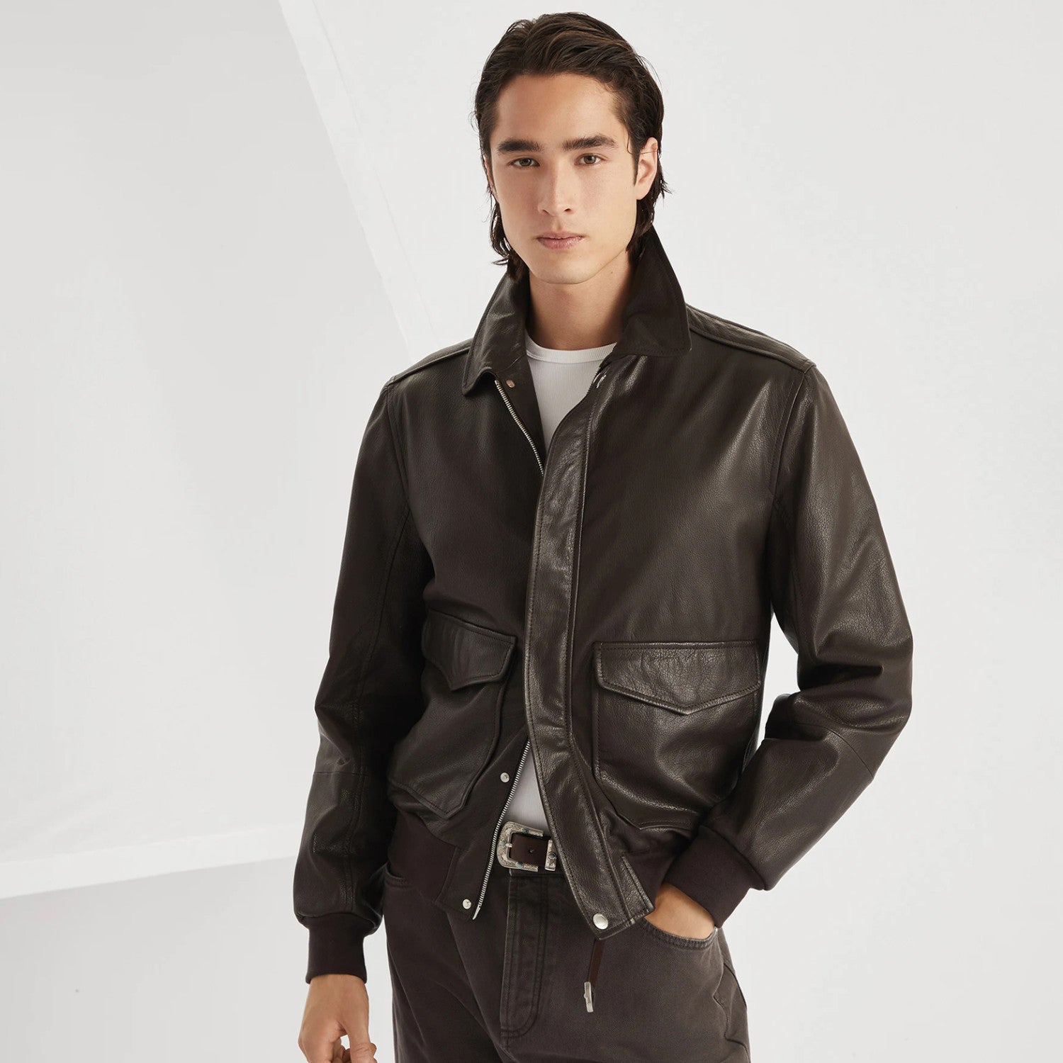 Brunello Cucinelli Men's Spring/Autumn Sheepskin Solid Color Zipper Collar Long Sleeve Grained Leather Aviator Jacket Ngvp #2286