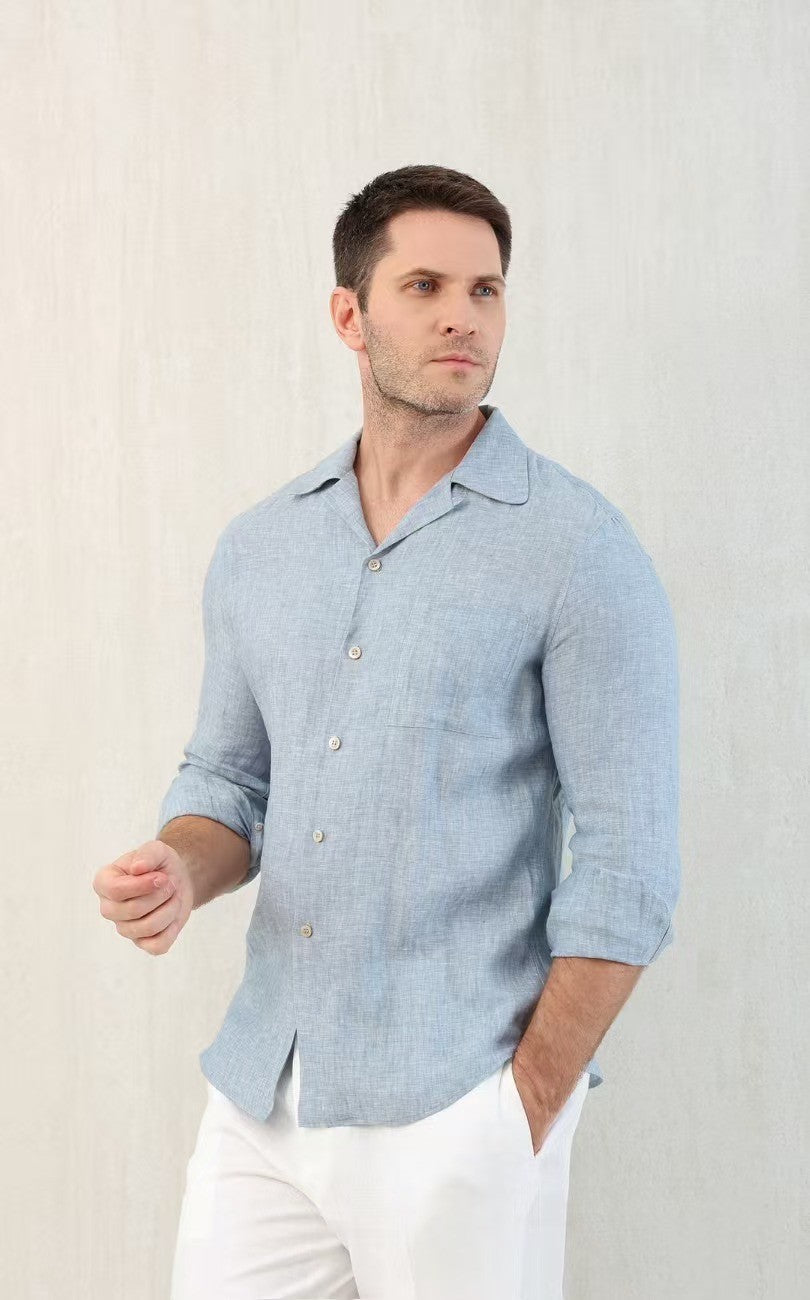 Brunello Cucinelli Men's Linen Easy Fit Shirt with Camp Collar and Chest Pocket Spring And Autumn Solid Color Long Sleeve Top Ngvp #1455