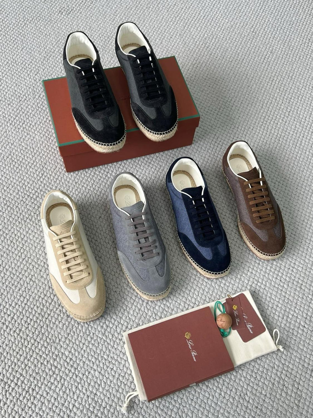 Loro Piana Men's Solid Colour Round Toe Suede and Canvas Low Top Lace-up Flat Shoes #77651