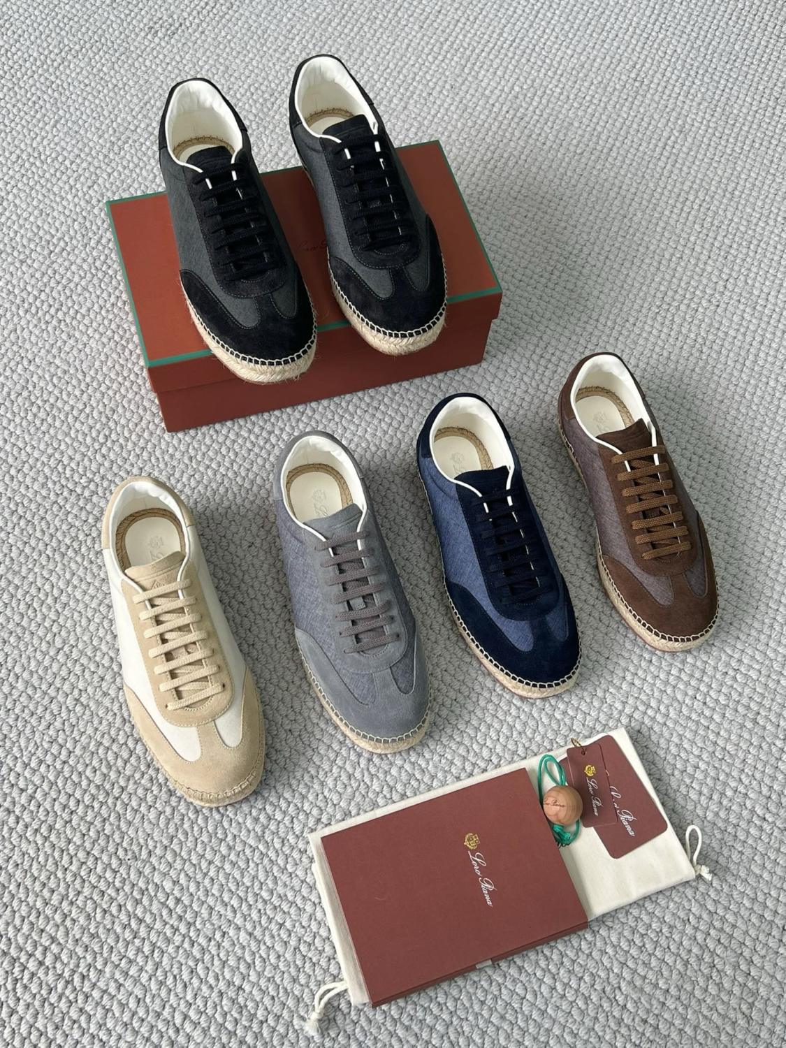Loro Piana Men's Solid Colour Round Toe Suede and Canvas Low Top Lace-up Flat Shoes #77651