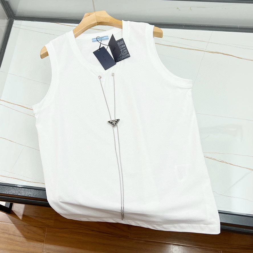 Prada Men's and Women's Summer Alphabet Iron Tag Hanger Chain Solid Colour Cotton Sleeveless Tank Top Vest #97868