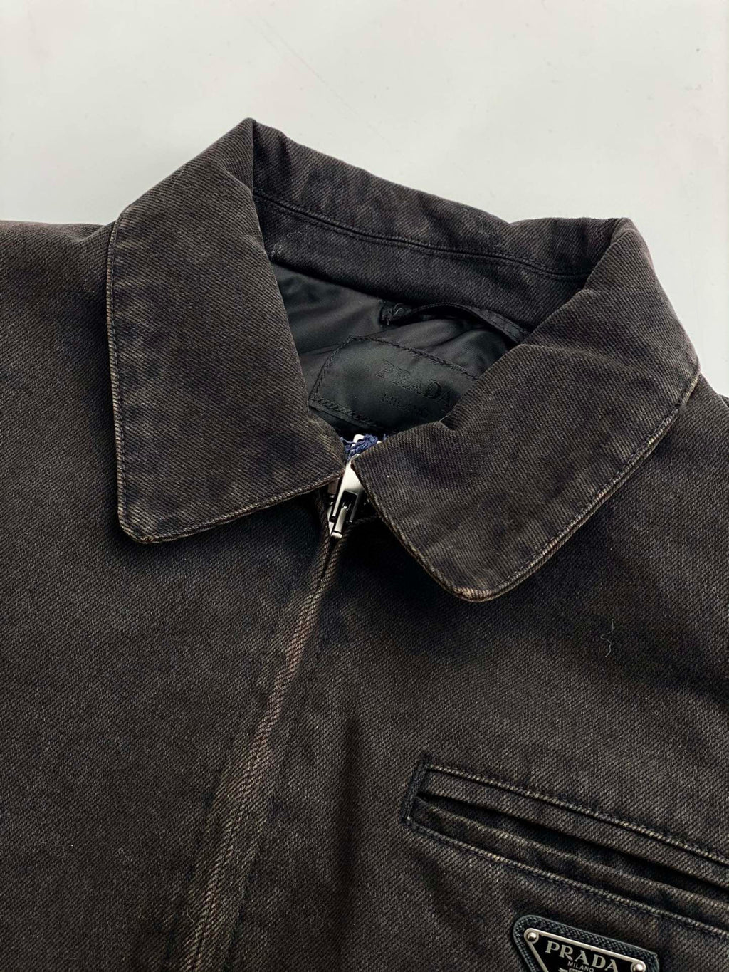 Prada Men's Autumn and Winter Solid Color Logo Applique Zipper Loose Denim Jacket #74971