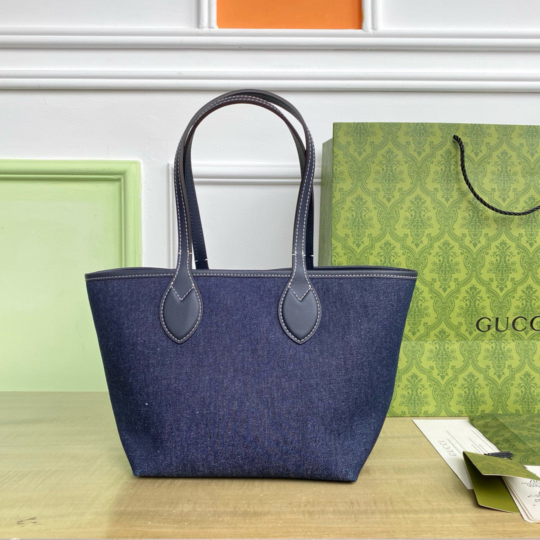 Gucci Totissima Women's Solid Color Double Sided Classic Print Logo Logo Denim Patchwork Canvas Shopping Bag Tote Shoulder Bags #76499