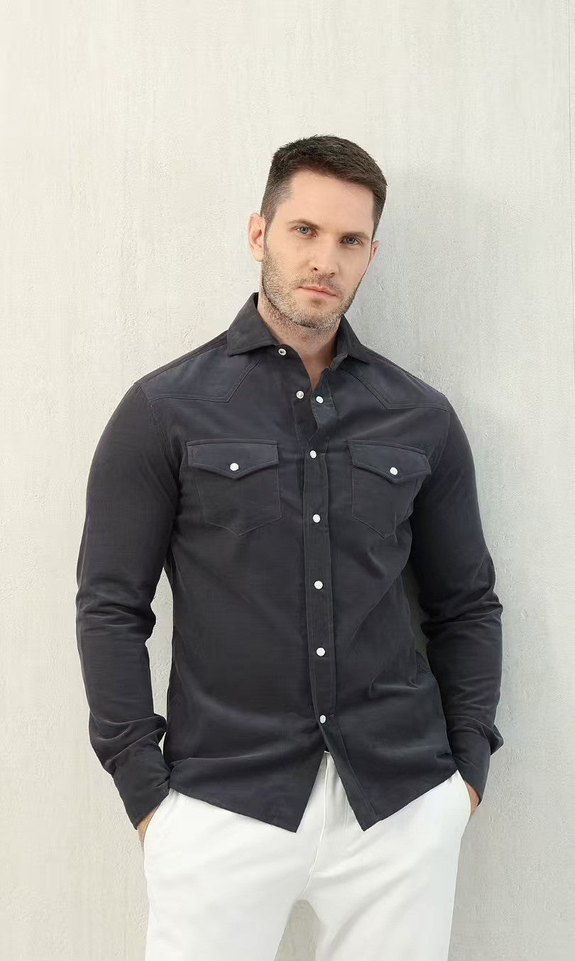 Brunello Cucinelli Men's Spring And Fall Cotton Lapel Solid Color Single-Breasted Chest Pocket Long Sleeve Fitted Shirt Ngvp #1557