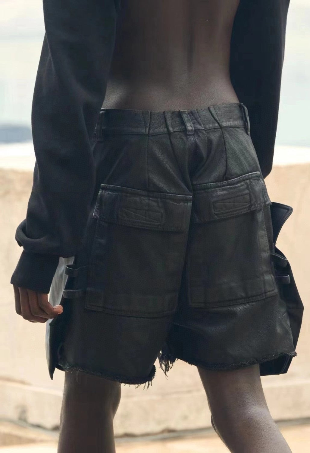 Rick Owens Men's Summer Mid Waist Zipper Loose Straight Waxed Casual Black Multi-Pocket Shorts Ngvp #8661