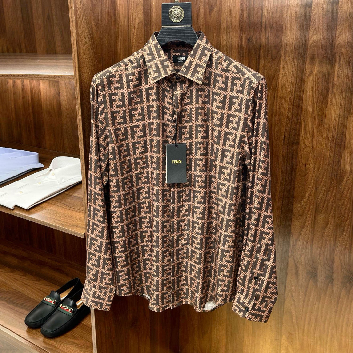 Fendi Men's Spring and Autumn Full Print Letter Print Lapel Single Breasted Long Sleeve Shirt #99179