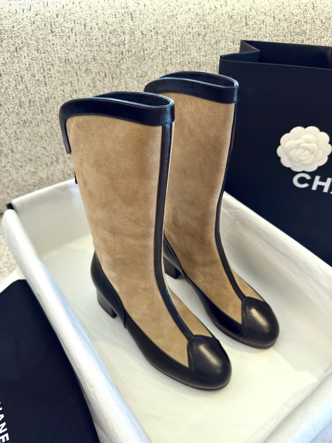 Chanel Women's Spring And Summer High Luxury Colorblocking Suede Short Boots Fashion Exquisite Black Temperament With Heels  Shoes Ngvp #2476