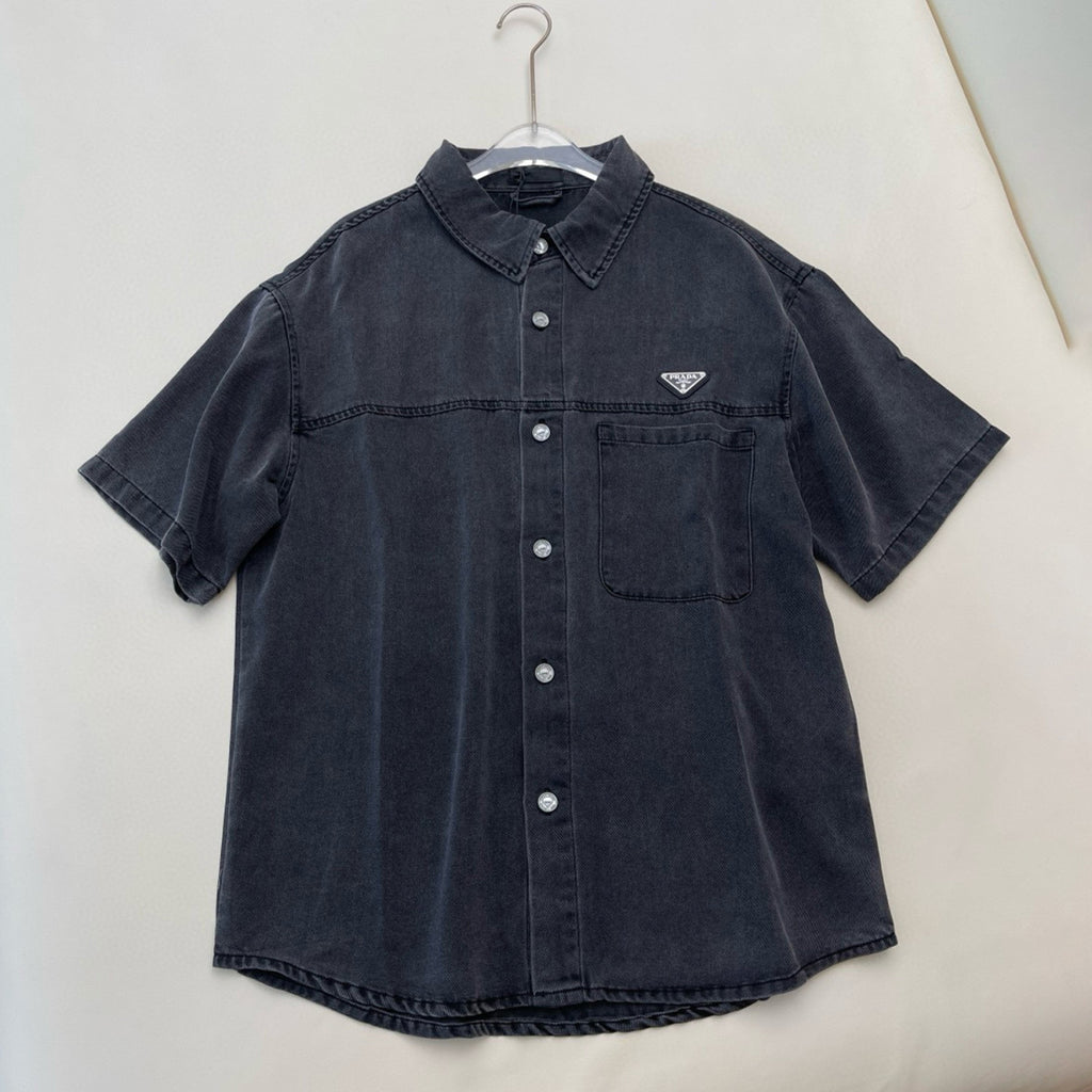 Prada Men's Early Autumn Men's Women's Lycra Denim Shirt. Triangle Logo Vintage Gray Short Sleeve Lapel Shirt Polo T-shirt  #81617