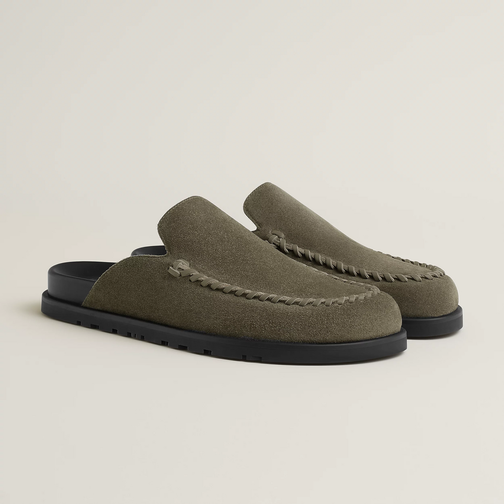 Hermes Men's Johan Mule Shoes Summer Solid Color Round Toe Suede Flat Slippers Casual Shoes Ngvp #1831