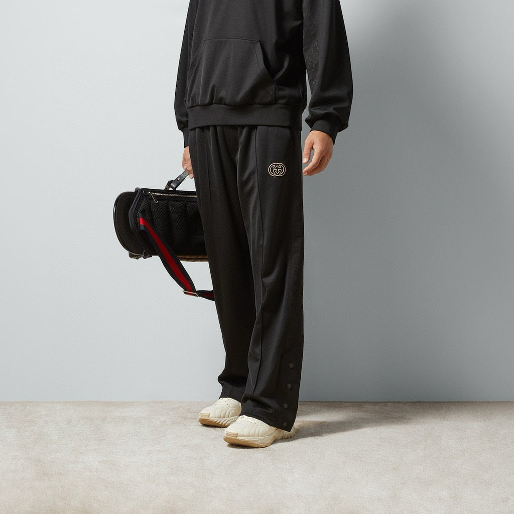 Gucci Men's Spring and Autumn Black Logo Embroidery Zipper Standing Collar Long Sleeve Jacket Elastic Knit Sweatpants Pants Suit Set #98786