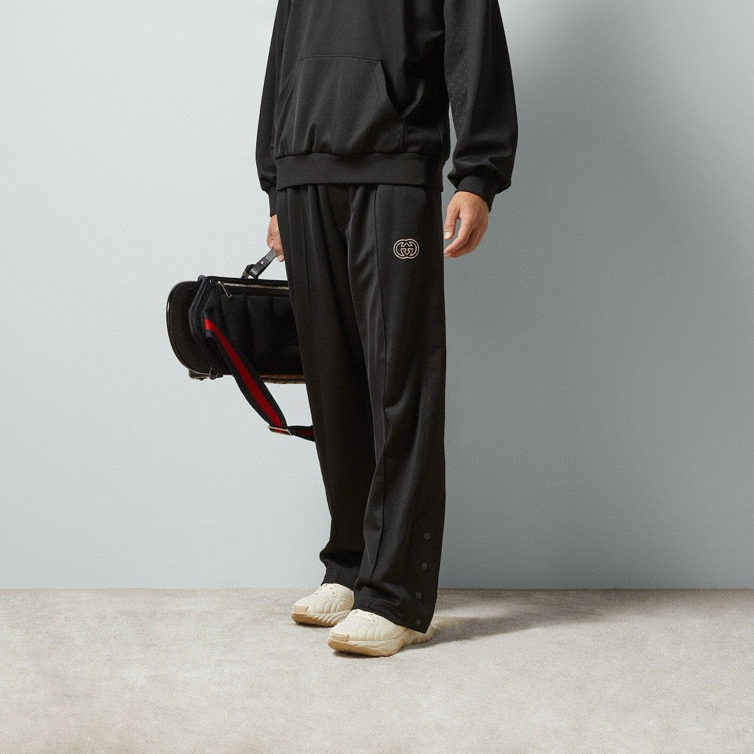 Gucci Men's Spring and Autumn Black Logo Embroidery Zipper Standing Collar Long Sleeve Jacket Elastic Knit Sweatpants Pants Suit Set #98786