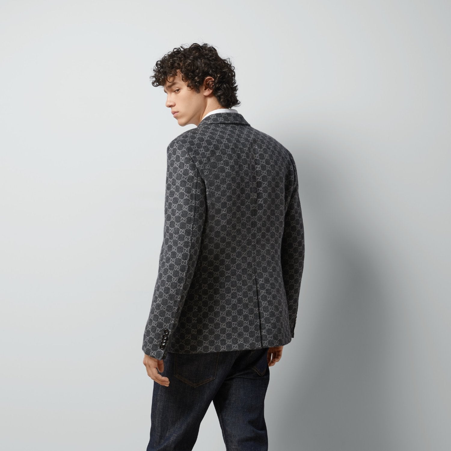 Gucci GG Flannel Men's Dark Gray Spring and Autumn Logo Full Printed Pattern Lapel Single Breasted Long Sleeve Jacket #98143