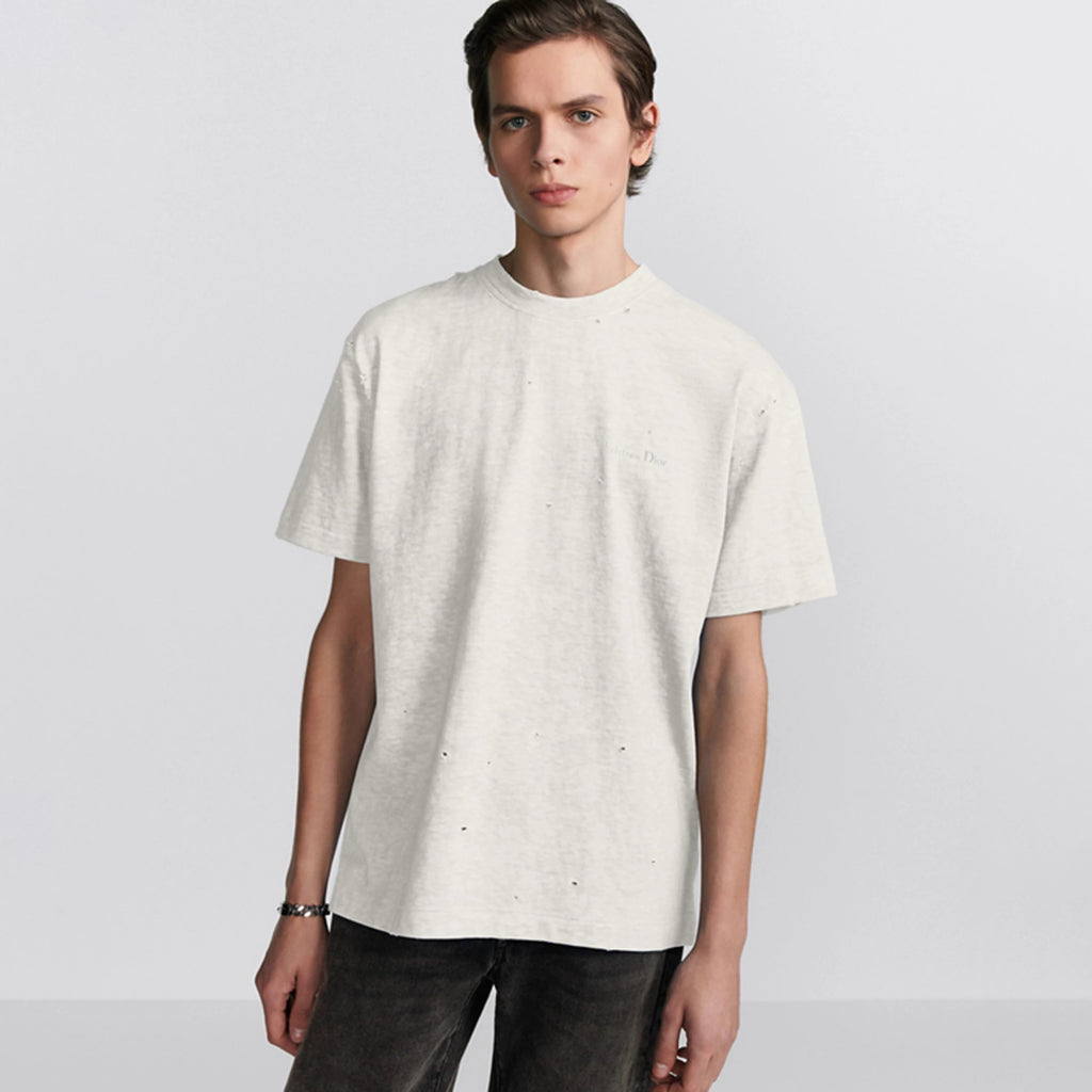 Dior Men's & Women's Summer Fashion Casual Solid Color Crew Neck Christian Dior Couture Print Relaxed Fit Plain-weave Knit Fabric With Distressed Finish Short Sleeve T-Shirt #79127