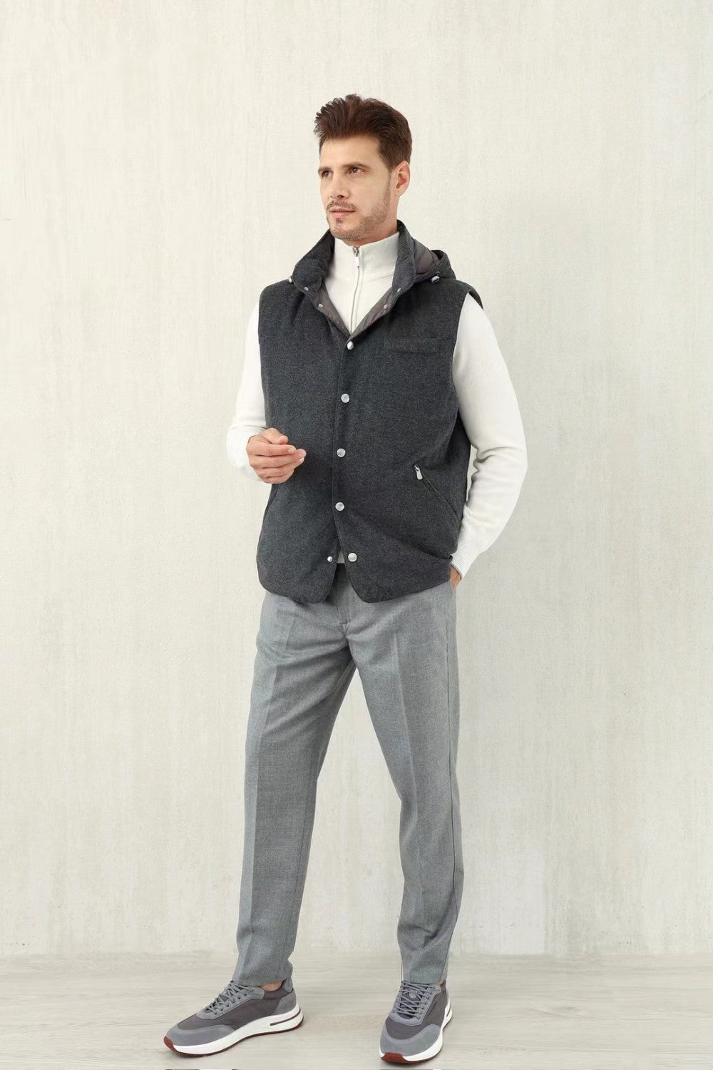 Brunello Cucinelli Men's Spring/Autumn Detachable Hooded Solid Color Single-Breasted Bonded Wool Flannel Down Vest Ngvp #2293