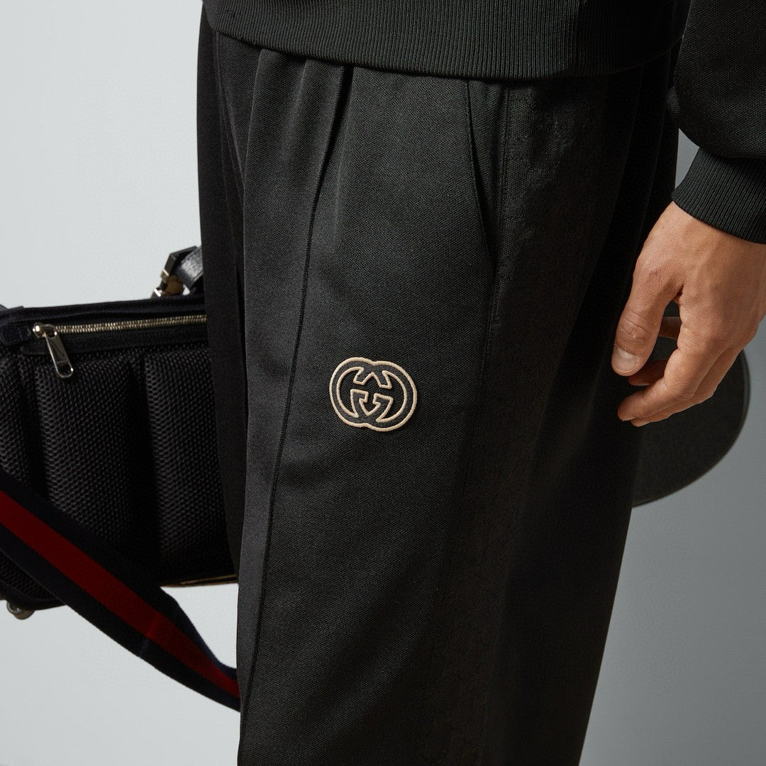 Gucci Men's Spring and Autumn Black Logo Embroidery Zipper Standing Collar Long Sleeve Jacket Elastic Knit Sweatpants Pants Suit Set #98786
