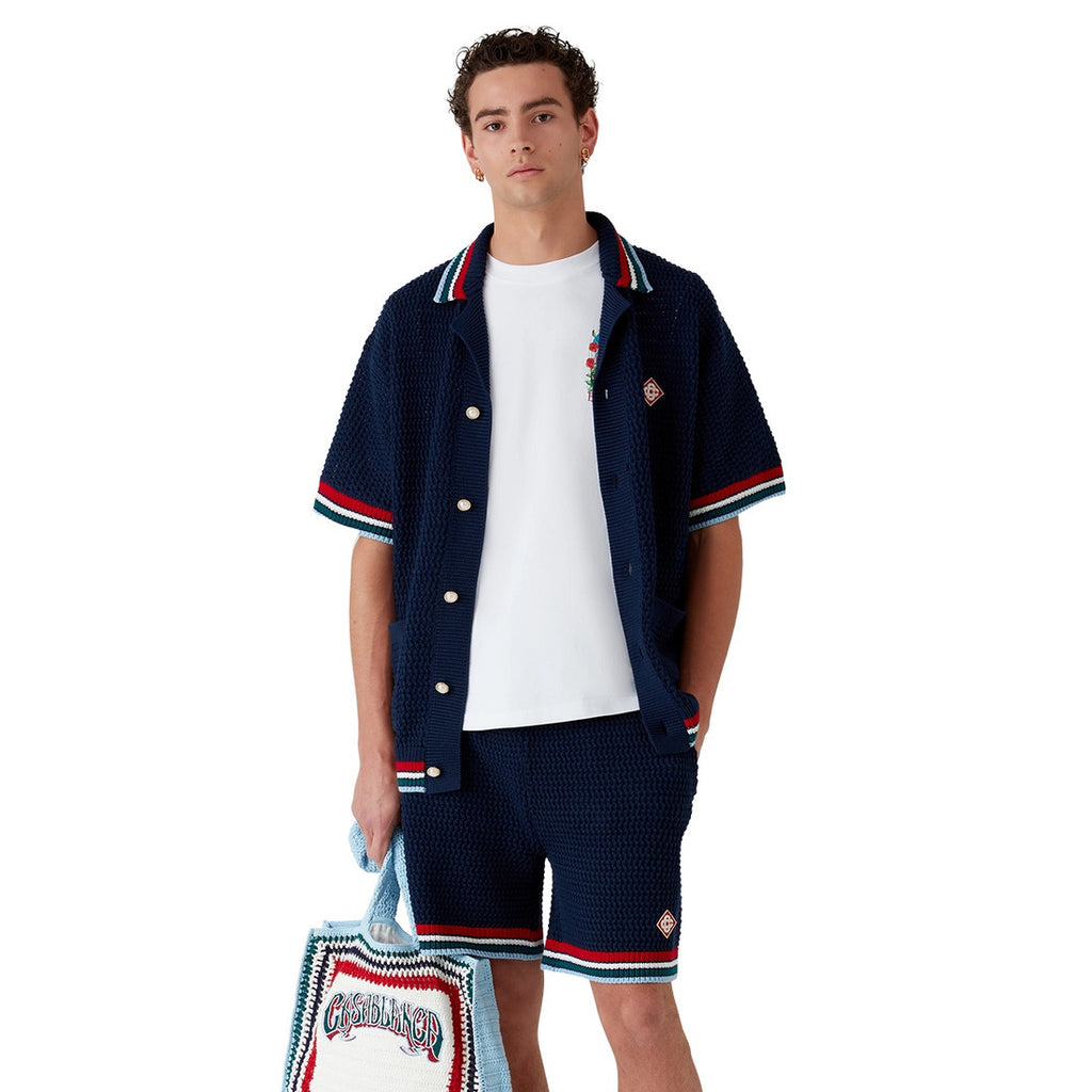 Casablanca Men's Summer Solid Color Skeleton Knit Breathable Single Breasted Short Sleeved Shirt Drawstring Tie Casual Knit Shorts Suit Set #76525
