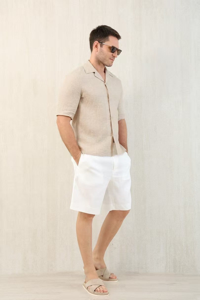 Brunello Cucinelli Men's Linen Loose Summer Single-Breasted Solid Color Lapel Short Sleeve Shirt Ngvp #1454