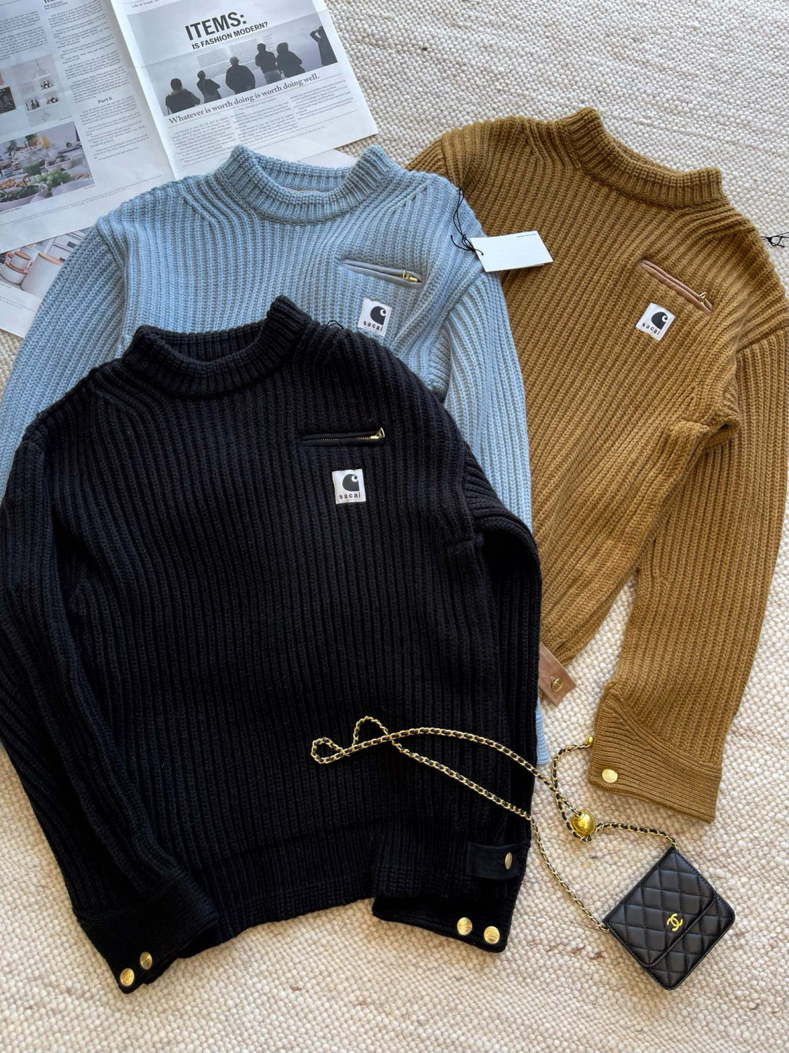 Sacai x Carhartt WIP Men's And Women's Models Autumn And Winter Loose Casual High Neck Long Sleeve Knitted Jumper Pullover #97645