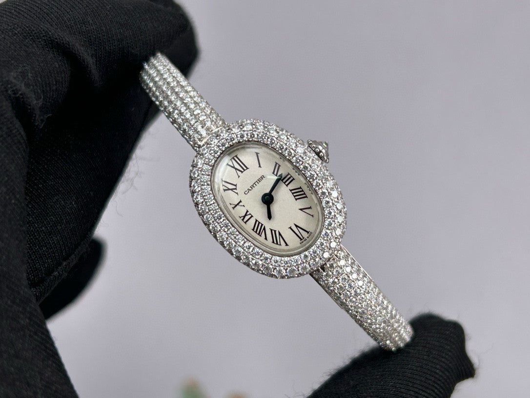 Cartier Women's Baignoire Watch Bathtub Collection Quartz Movement Steel Case Full Diamonds Bracelet Watch #81279