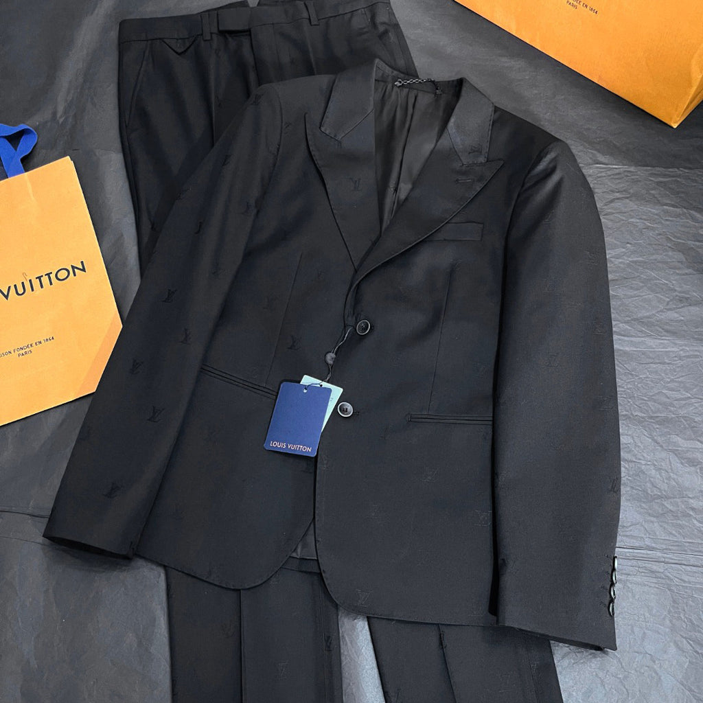 Louis Vuitton Men's Spring/Autumn Solid Colour Embroidered Hidden Pattern Printed V-Neck Single-Breasted Long-Sleeved Suit Jacket and Trousers Set Suit #77442