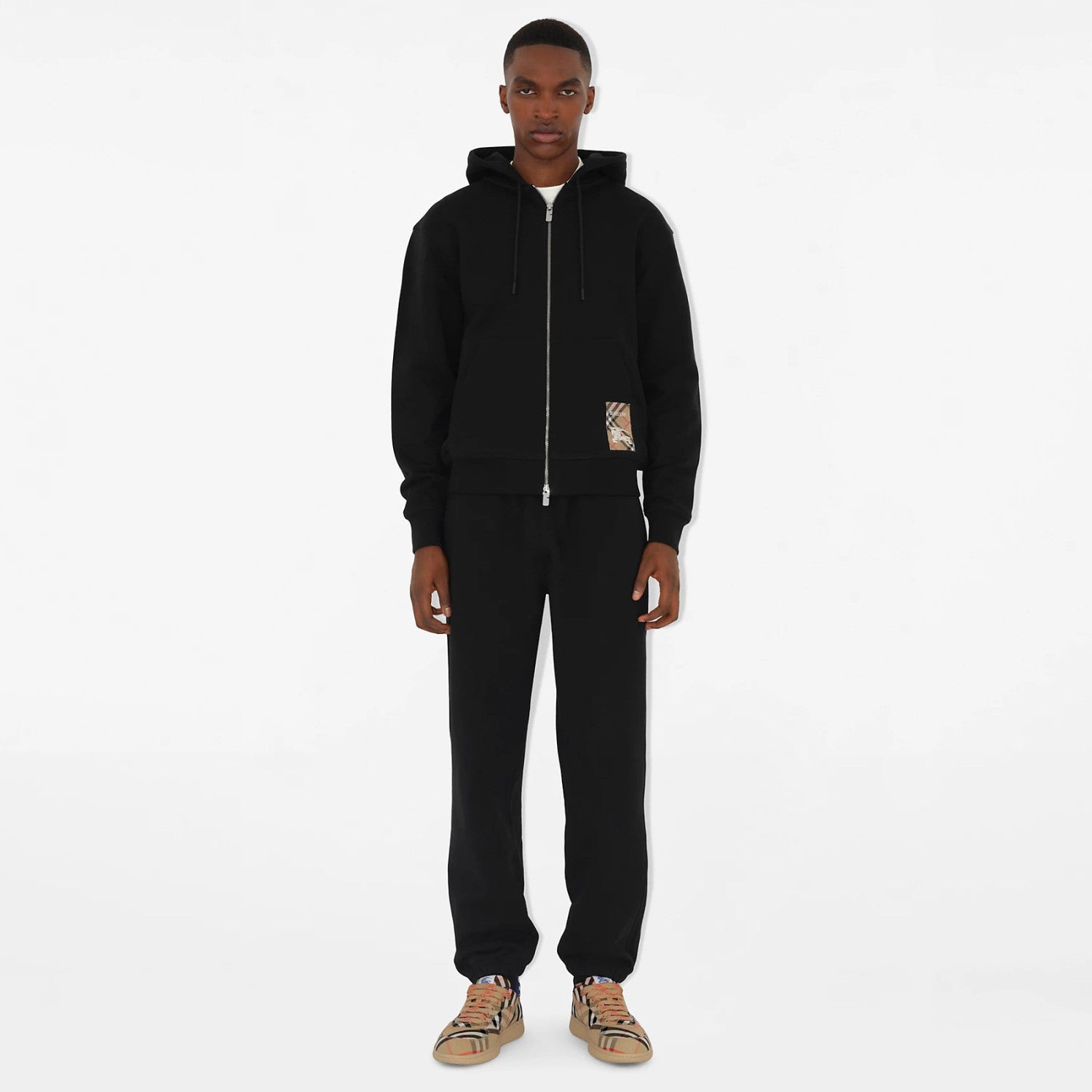 Burberry Men's Spring and Autumn Plaid Label Cotton Zipper Hooded Long Sleeve Sweatshirt Jacket Casual Elastic Waist Pants Set Suit #75593