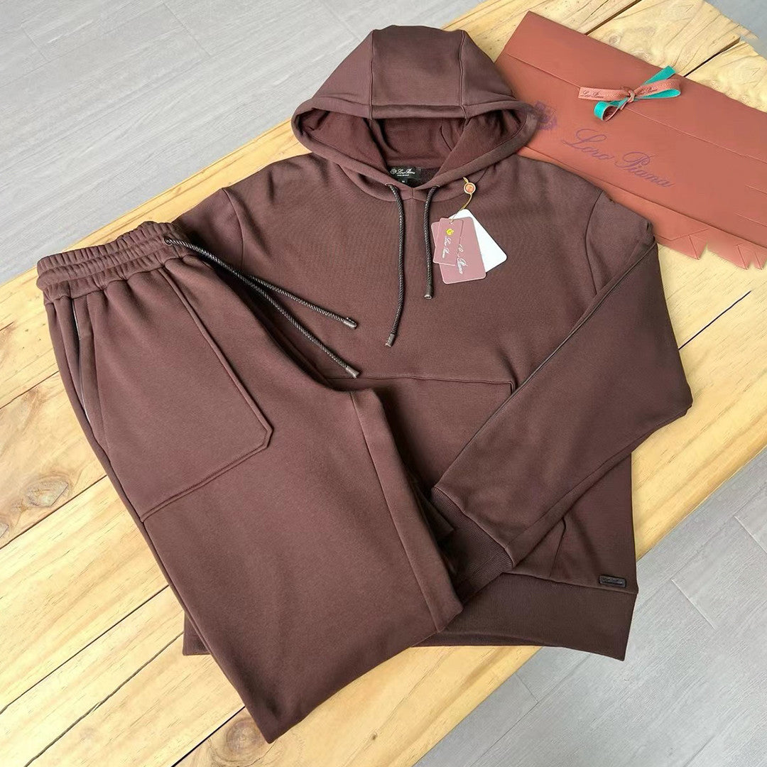 Loro Piana Men's Autumn And Winter Solid Color Hooded Long Sleeve Sweatshirt Casual Lace-Up Pants Set Ngvp #9216