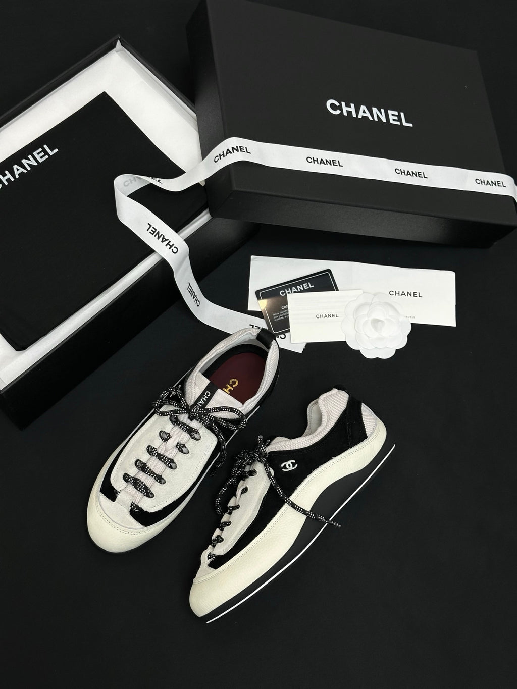 CHANEL Sneakers Velvet Calfskin Mixed Fibers Black White #386505