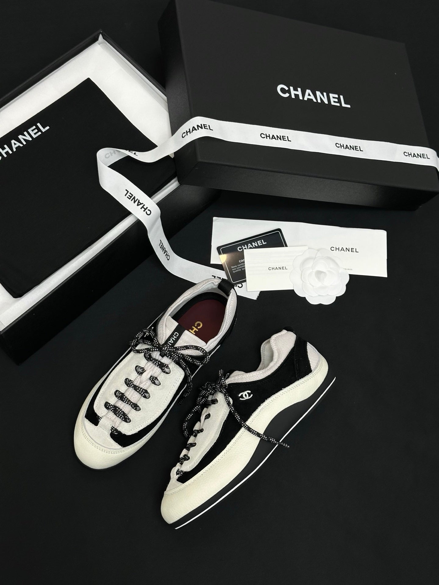 CHANEL Sneakers Velvet Calfskin Mixed Fibers Black White #386505