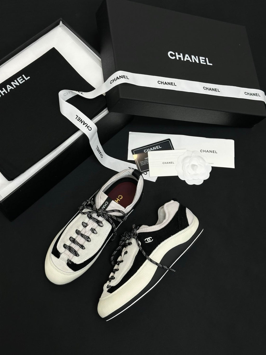 CHANEL Sneakers Velvet Calfskin Mixed Fibers Black White #386505